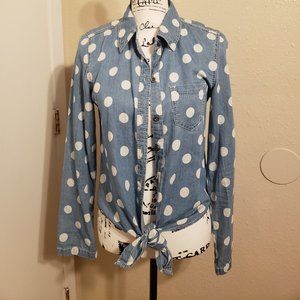 Seven7 Polka Dot Tie Front Blue Chambray Size X Small